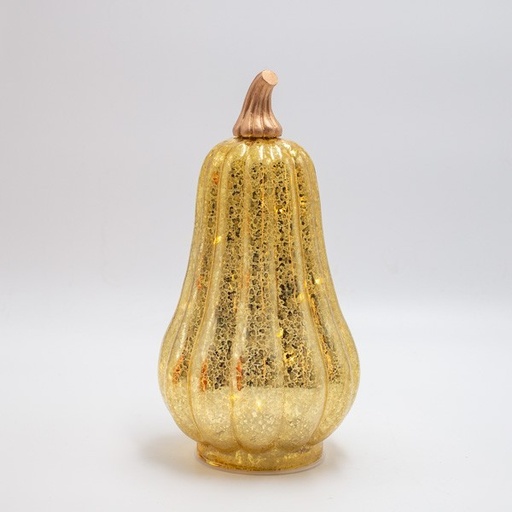 [600-47654] CALABAZA DE CRISTAL DORADO ILUMINADA, CAJA DE PILAS 3XAA, TEMPORIZADOR, 10 LED BLANCO CÁLIDO, 12,5X24CM, IP20