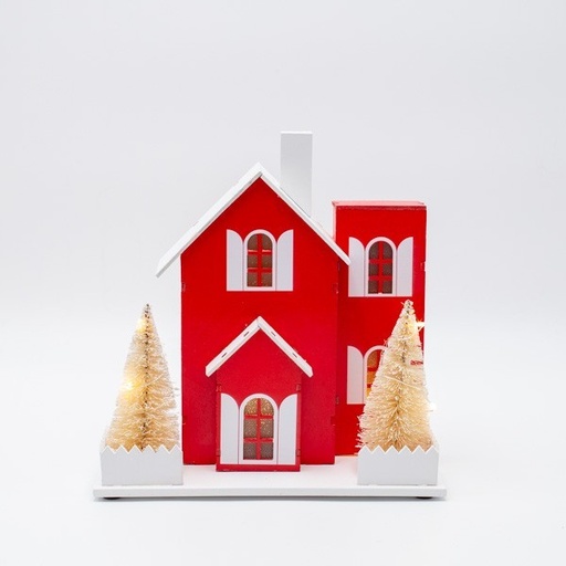 [600-47660] CASA DE MADERA ILUMINADA, COLOR ROJO Y BLANCO, CAJA DE PILAS 2XAA, TEMPORIZADOR, 10 LED BLANCO CÁLIDO, 20X10X20CM, IP20