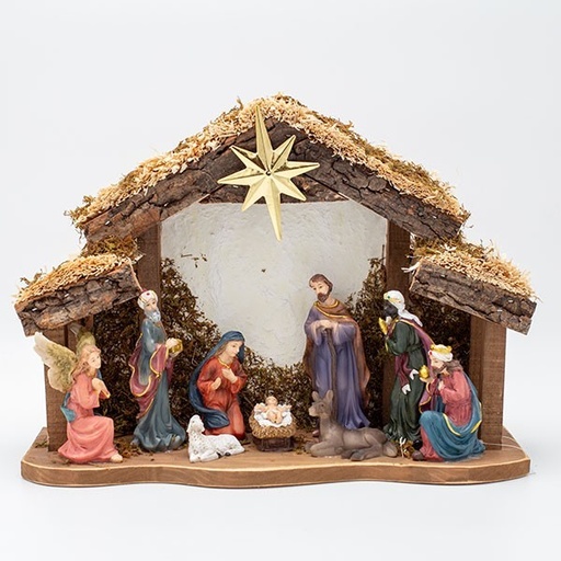 [600-47729] PESEBRE CON 9 FIGURAS Y ESTRELLA DE BELÉN, 35X12X25CM