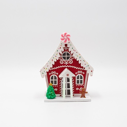 [600-47751] CASA DE PAPEL ROJA CON GALLETA DE JENGIBRE, ILUMINADA, 12,5 X 10,5 X 16 CM