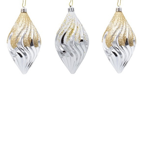 [600-47804] ADORNO DE PLÁSTICO, COLOR PLATA, CON PURPURINA DORADA Y BLANCA, JUEGO DE 3 PIEZAS, 14 CM