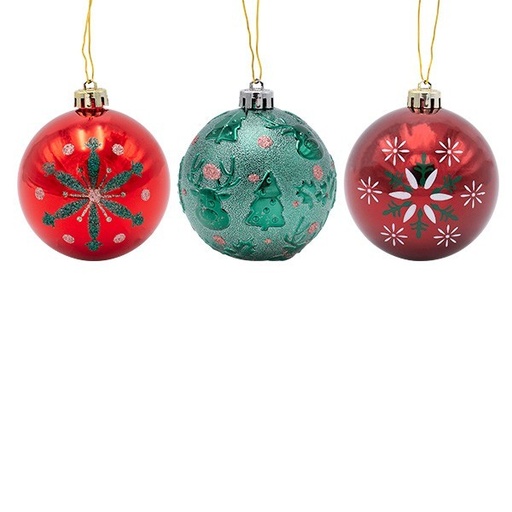 [600-47816] BOLAS DE PLÁSTICO, BORGOÑA, VERDE Y ROJO, SET DE 6 PIEZAS, 8 CM