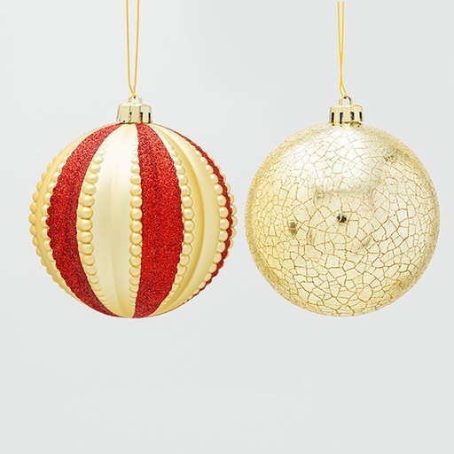 [600-47829] BOLA DE PLÁSTICO, ROJO ORO, 3 DISEÑOS, SET DE 4 PIEZAS, 10 CM