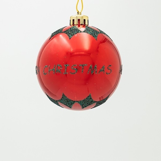 [600-47840] BOLA DE PLÁSTICO, ROJA, CON BRILLO FELIZ NAVIDAD, SET DE 6 PIEZAS, 8 CM