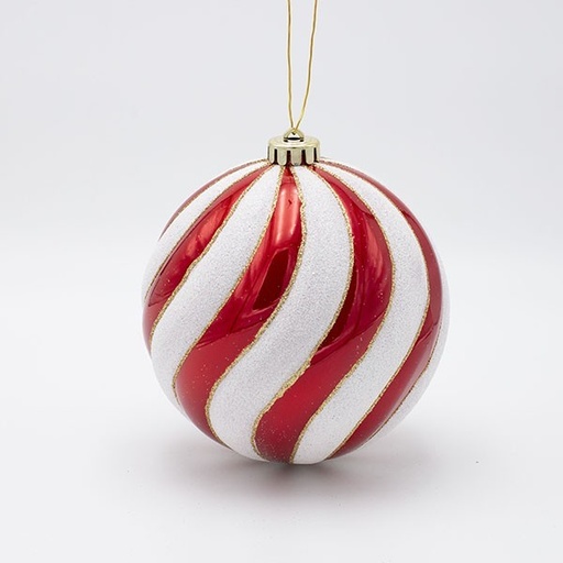 [600-47848] BOLA DE PLÁSTICO, ROJA CON RAYAS BLANCAS Y BRILLANTES, 2 UNIDADES, 15 CM