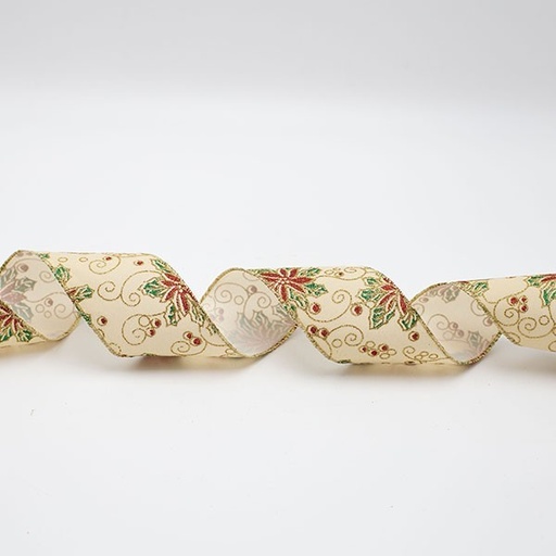 [600-47865] CINTA DE TERCIOPELO BEIGE CON FLOR DE PASIÓN ROJA, 914X6,3CM