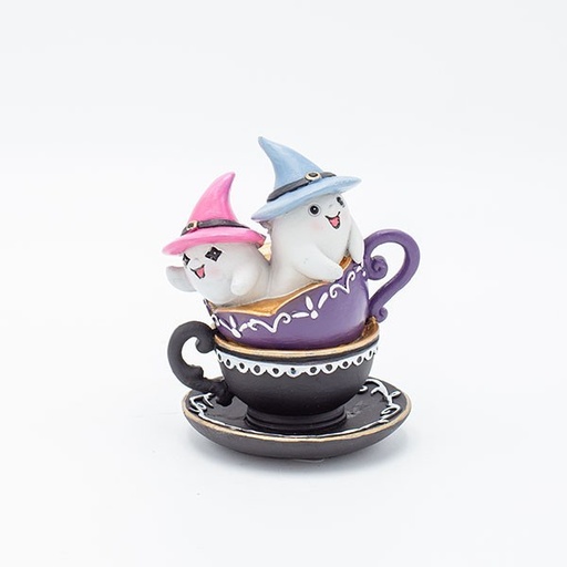 [600-47870] FANTASMAS CON SOMBREROS ROSAS Y AZULES, EN TAZAS, HALLOWEEN, 8,7X7,8X10,8CM