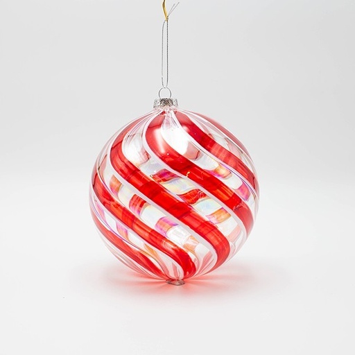 [600-47889] BOLA DE CRISTAL TRANSPARENTE, CON LÍNEAS ROJAS Y BLANCAS, 15CM