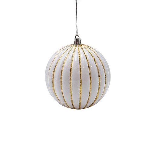 [600-47943] BOLA DE PLÁSTICO, BLANCA CON RAYAS DORADAS EN RELIEVE, SET DE 6 PIEZAS, 10 CM