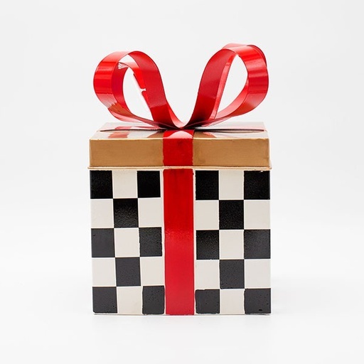 [600-47988] REGALO METÁLICO, CUADROS NEGROS CON ROJO, 25,5 CM