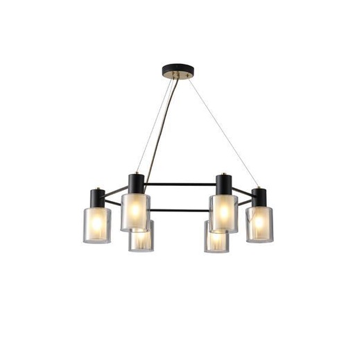 [144-24046] LÁMPARA DE TECHO COLGANTE METAL-VIDRIO 6xE14 MAX 8W Ø700x600mm NEGRO-LATÓN ARTE ILLUMINA SILENCE