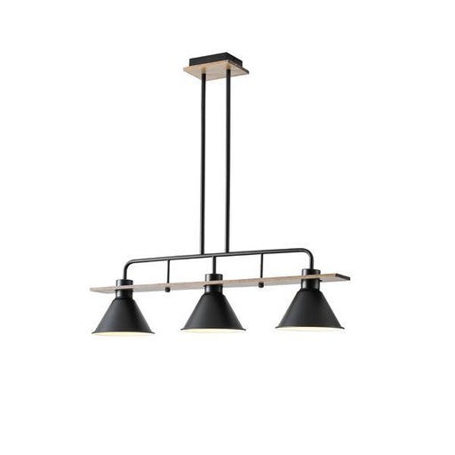[144-30110] LÁMPARA DE TECHO COLGANTE MADERA-METAL 3 LUCES 3xE27 MAX 15W 780x180x865mm NEGRO ARTE ILLUMINA CONO