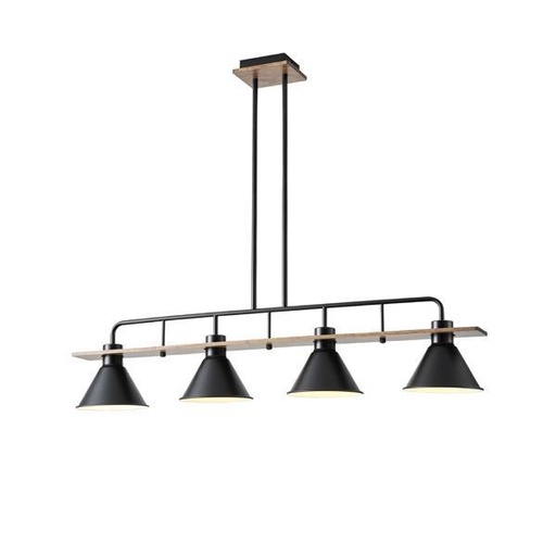 [144-30111] LÁMPARA DE TECHO COLGANTE MADERA-METAL 4 LUCES 4xE27 MAX 15W 1030x180x865mm NEGRO ARTE ILLUMINA CONO