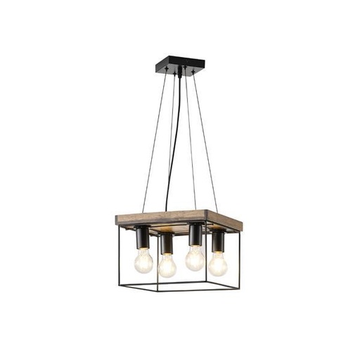 [144-30117] LÁMPARA DE TECHO COLGANTE MADERA-METAL 4 LUCES 4xE27 MAX 15W 300x300x1230mm NEGRO-MARRÓN ARTE ILLUMINA MULTIPLA