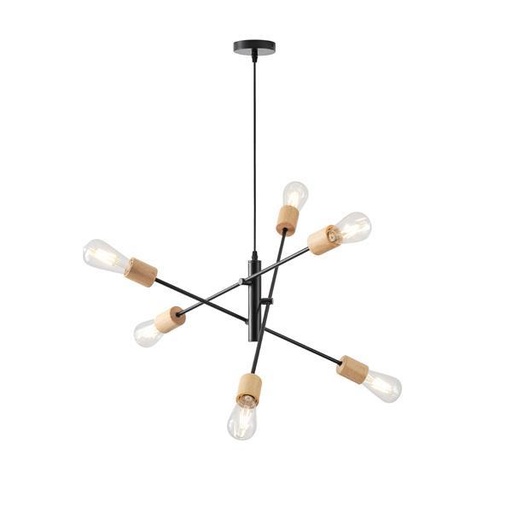 [144-30122] LÁMPARA DE TECHO COLGANTE MADERA-METAL 6 LUCES 6xE27 MÁX 15W 850x850x1540mm NEGRO ARTE ILLUMINA EDISON