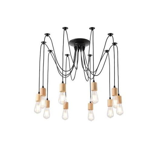 [144-30123] LÁMPARA COLGANTE MADERA-METAL 10 LUCES 10xE27 MÁX 15W 1000x1000x510mm NEGRO ARTE ILLUMINA EDISON