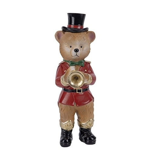 [600-49328] OSO DE PELUCHE CON TROMPETA Y TRAJE BURDEOS, POLIRRESINA, 8X11X23CM