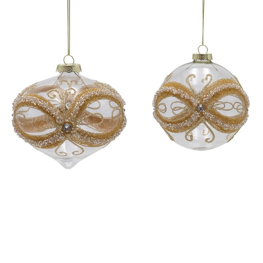 [600-48832] CRISTAL TRANSPARENTE BOLA CON EN RELIEVE LAZO DE DORADO CUENTAS Y PURPURINA, 2 DISEÑOS, JUEGO 4UDS, 10CM