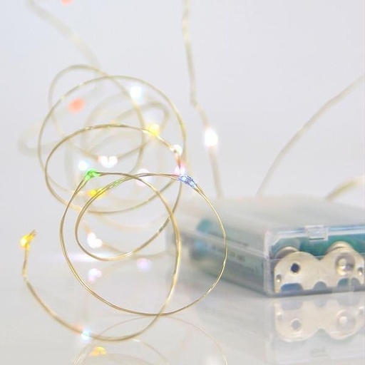 [601-11714] GUIRNALDA LINEAL, 20 MINI LED, CAJA DE PILAS 3XAA, HILO DE COBRE PLATEADO, LED MULTICOLOR CADA 10CM, CABLE DE ALIMENTACIÓN 10CM, IP20