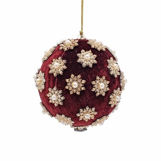 [600-49153] TERCIOPELO BOLA, BURDEOS, LUJO, CON PEDRERÍA FLORES, 10CM