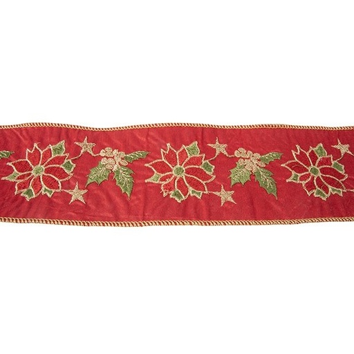 [600-49164] HECHO A MANO LUJO CINTA, ROJO, CON FLOR DE PASCUA, 500CM