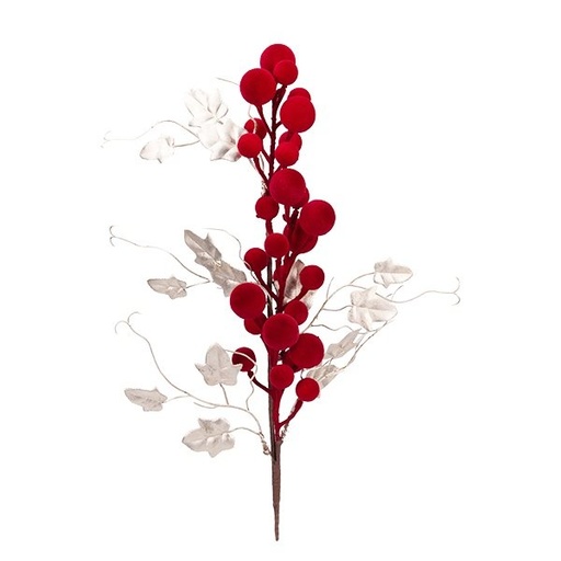 [600-49278] RAMA CON BOLAS DE TERCIOPELO ROJO Y PLATINO HOJAS, 65CM