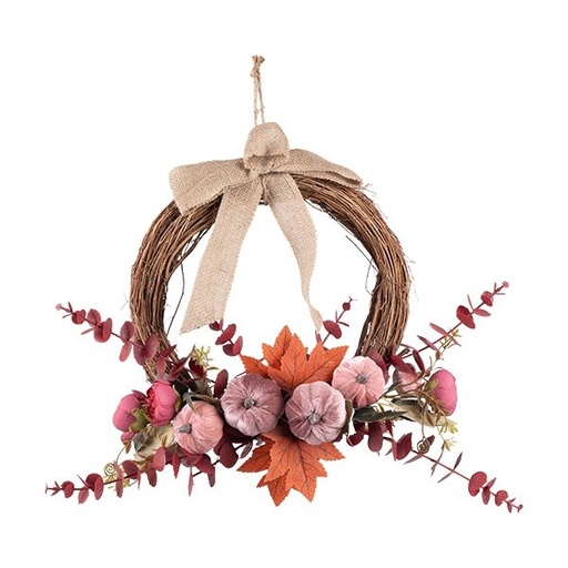 [600-49273] RÚSTICO CORONA CON TERRACOTA ROSA DECORACIÓN Y ARPILLERA LAZO, 36CM