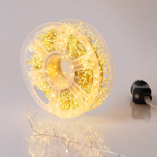 [600-08381] RACIMO 40M, 800 MINI LED, ADAPTADOR, 8 M/H Y MEMORIA, HILO DE COBRE PLATEADO, LED BLANCO CÁLIDO, CABLE DE ALIMENTACIÓN 3M, IP44 (ROLLO PAQUETE)