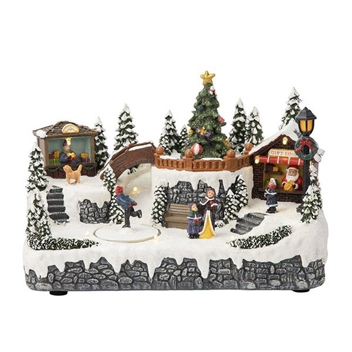 [600-48396] DECORADO NAVIDAD PUEBLO, CON ÁRBOL, CON MÚSICA Y MOVIMIENTO, A PILAS, 26X19X19CM