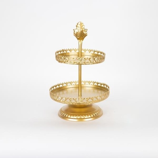[754-11019] SERVICIO SOPORTE 2 NIVELES METAL DORADO 25.5X25.5X40.5CM