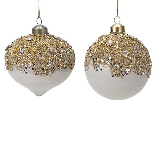 [600-48769] BLANCO CRISTAL BOLA ESPOLVOREADO CON DORADO PURPURINA, 2 DISEÑOS, JUEGO 4UDS, 10CM