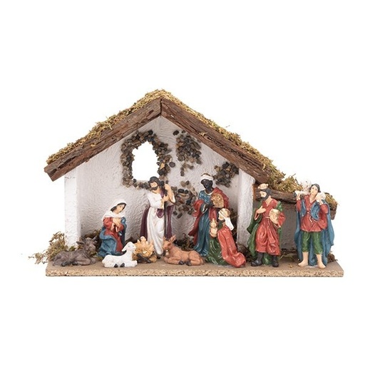 [600-49450] NACIMIENTO ESCENA CON 10 FIGURAS EN NATURAL COLORES, 32X10X19CM