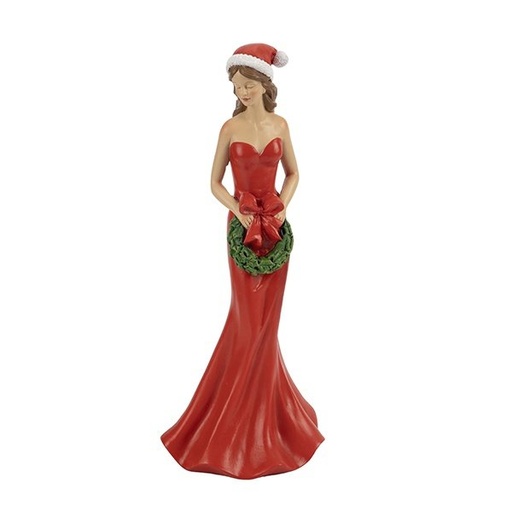 [600-48539] POLIRRESINA NIÑA FIGURA, CON A ROJO VESTIDO Y PAPÁ NOEL SOMBRERO, SOSTENIENDO A CORONA, 25.5CM