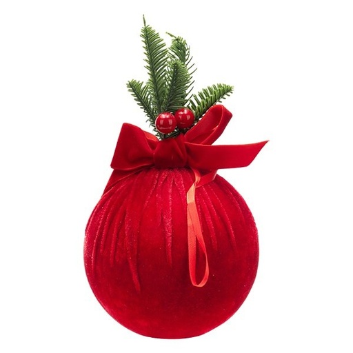 [600-49426] TERCIOPELO BOLA CON RAMA DE ABETO, BAYAS, Y LAZO, ROJO, 15CM