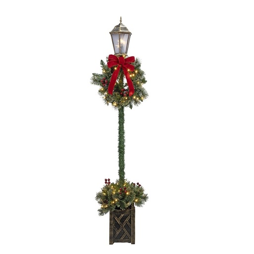 [600-49672] ANTIGUO COLUMNA FAROL DECORADO CON NAVIDAD CORONA Y LAZO ROJO, 100 LED BLANCO CÁLIDO, 210CM