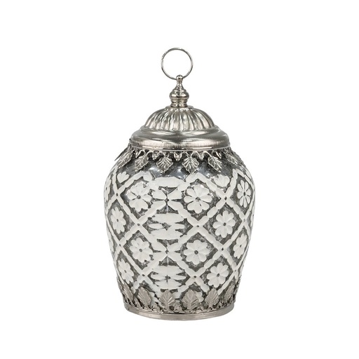 [819-02158] FAROL LED CON FLORES METÁLICO - CRISTAL BLANCO - PLATEADO 10.5X10.5X17CM
