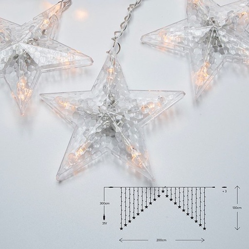 [600-02006] CORTINA, 120 LED 5MM CON ESTRELLAS, 31V ADAPTADOR, 4 CONECTORES HASTA 3 JUEGO, CABLE PVC TRANSPARENTE, LED BLANCO CÁLIDO (H130 X W200CM, 13 LÍNEAS), CABLE DE ALIMENTACIÓN 3M, IP44