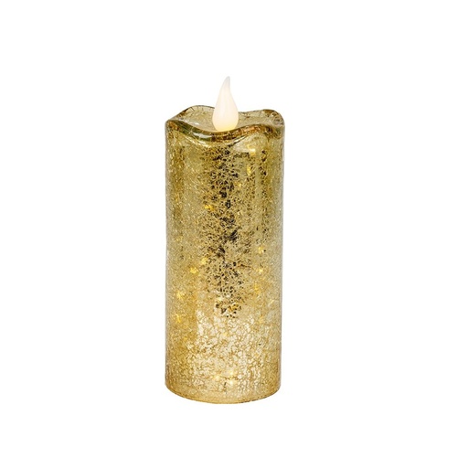 [600-48451] VELA DE CRISTAL, DORADO CRAQUELADO, CON DOS MODOS DE ILUMINACIÓN, 9X21.3CM