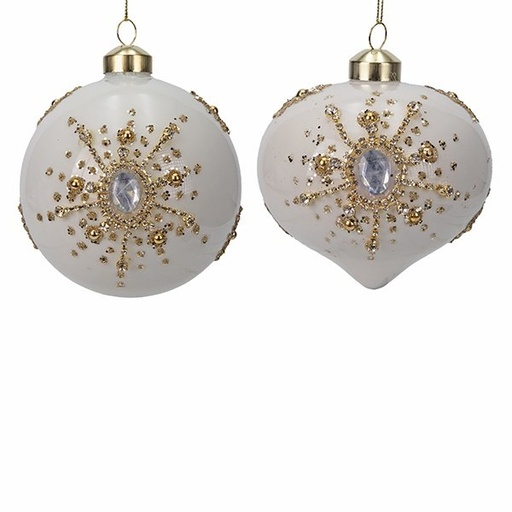 [600-48772] CRISTAL BOLA, PERLA BLANCO CON IMPRESIONANTE COPO DE NIEVE HECHO DE DORADO PURPURINA, 2 FORMAS, JUEGO 4UDS, 10CM