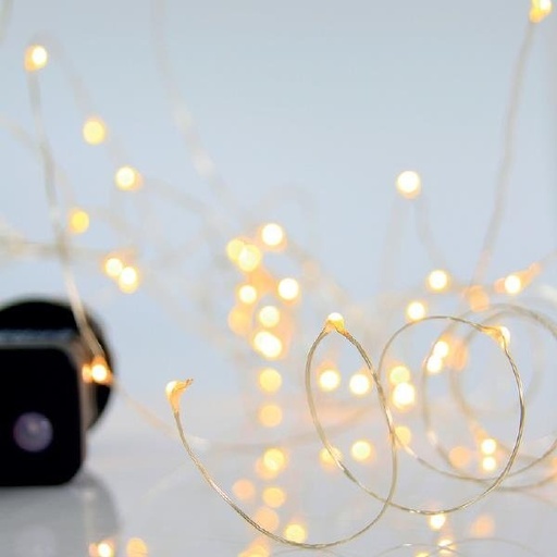 [601-11741] GUIRNALDA LINEAL, 100 MINI LED, ADAPTADOR, 8 M/H, HILO DE COBRE PLATEADO, LED BLANCO CÁLIDO CADA 10CM, CABLE DE ALIMENTACIÓN 5M, IP44