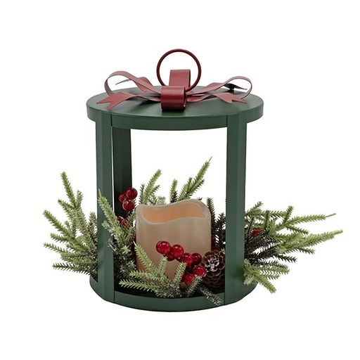 [600-48743] DECORADO FAROL CON BAYAS, OSCURO VERDE, CON PILAS VELA, 17X17X22.5CM