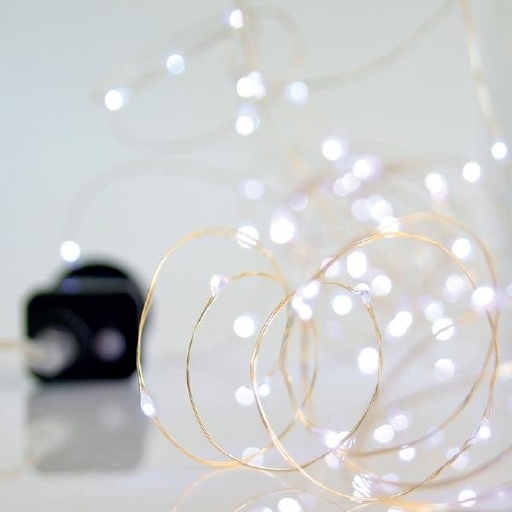 [601-11740] GUIRNALDA LINEAL, 100 MINI LED, ADAPTADOR, 8 M/H, HILO DE COBRE PLATEADO, LED BLANCO CADA 10CM, CABLE DE ALIMENTACIÓN 5M, IP44