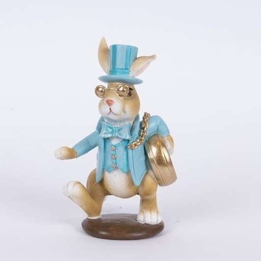 [600-46271] POLIRRESINA DECORATIVO CONEJO, CLARO AZUL CON DORADO RELOJ, 6.5X8.5X14CM