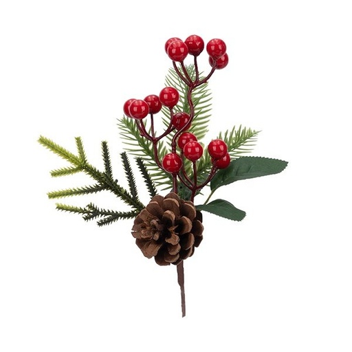 [600-49294] PICK DECORATIVO CON CLARO ROJO BAYA Y PINO FRUTOS SECOS, 27CM