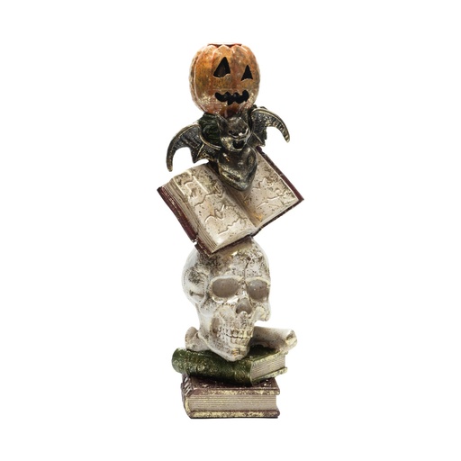 [600-49634] POLIRRESINA PORTAVELAS, HALLOWEEN, CON MURCIÉLAGO Y CALAVERA, 13X10.50X30.50CM