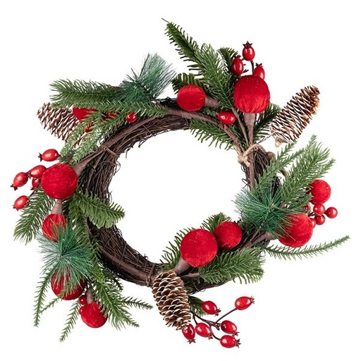 [600-49443] VERDE CORONA CON TERCIOPELO ROJO BOLAS, RAMAS CON ARÁNDANOS ROJOS, Y CUBIERTAS DE NIEVE PIÑAS, 30CM