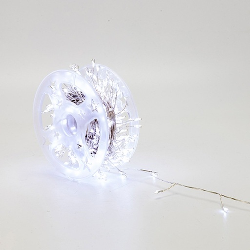 [600-08370] RACIMO 20M, 400 MINI LED, ADAPTADOR, 8 M/H Y MEMORIA, HILO DE COBRE PLATEADO, LED BLANCO, CABLE DE ALIMENTACIÓN 3M, IP44 (ROLLO PAQUETE)