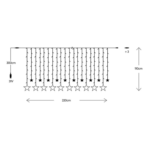 [600-02030] CORTINA, 138 LED 5MM CON ESTRELLAS, 31V ADAPTADOR, 4 CONECTORES HASTA 3 JUEGO, CABLE PVC TRANSPARENTE, LED BLANCO CÁLIDO (H110 X W220CM, 12 LÍNEAS), CABLE DE ALIMENTACIÓN 3M, IP44