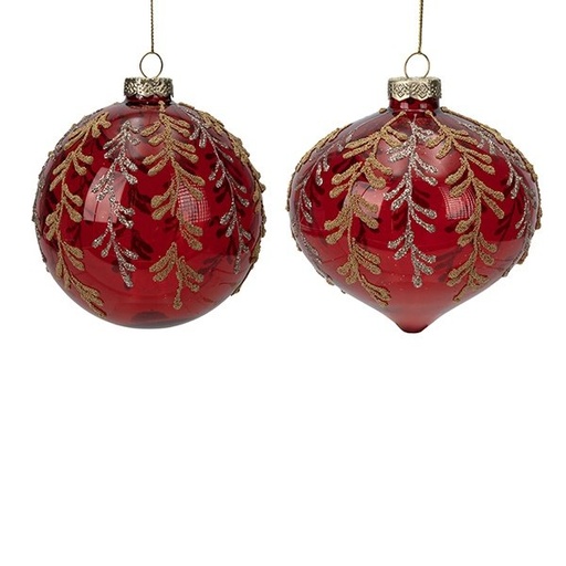 [600-48767] CRISTAL BOLA, TRANSPARENTE ROJO CON DORADO DISEÑOS, 2 FORMAS, JUEGO 4UDS, 10CM