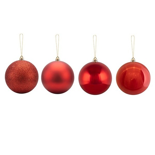 [600-48443] PLÁSTICO BOLA, ROJO, BRILLANTE/MATE/PURPURINA/PERLA, EN CARTÓN ESTUCHE CON CUERDA ASA, JUEGO 12UDS, 10CM